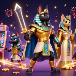 Experience thrilling mahjong gameplay with Anubis and Bastet amidst vibrant casino elements.