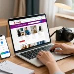 Engaging e-commerce scene on the rokok88 platform, showcasing a user browsing various pre-owned items in a cozy, inviting home setting.