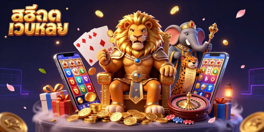 Engage with the exciting สล็อตเว็บตรง online gaming scene featuring a lion king, elephant advisor, and cheetah messenger with slot games.
