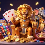 Engage with the exciting สล็อตเว็บตรง online gaming scene featuring a lion king, elephant advisor, and cheetah messenger with slot games.
