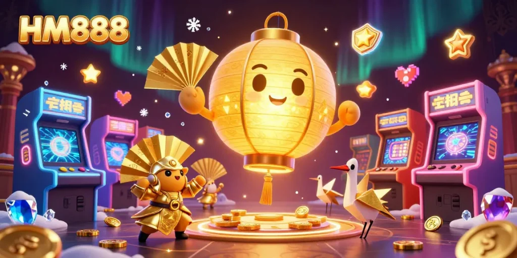 Spin and win with HM888 in this 3D illustration showcasing vibrant gaming and lucky symbols!