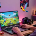 Engaging gaming scene with a player enjoying the rokok88 super virtual bird-catching game on a laptop in a cozy atmosphere.