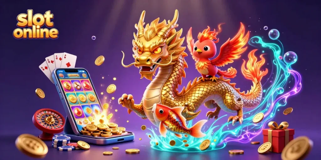 Experience slot online excitement with a golden dragon, phoenix, and koi fish amidst vibrant casino elements.