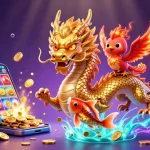 Experience slot online excitement with a golden dragon, phoenix, and koi fish amidst vibrant casino elements.