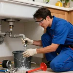 atscleaning.co.uk plumber fixing a kitchen leak during a home emergency with tools and distressed homeowners