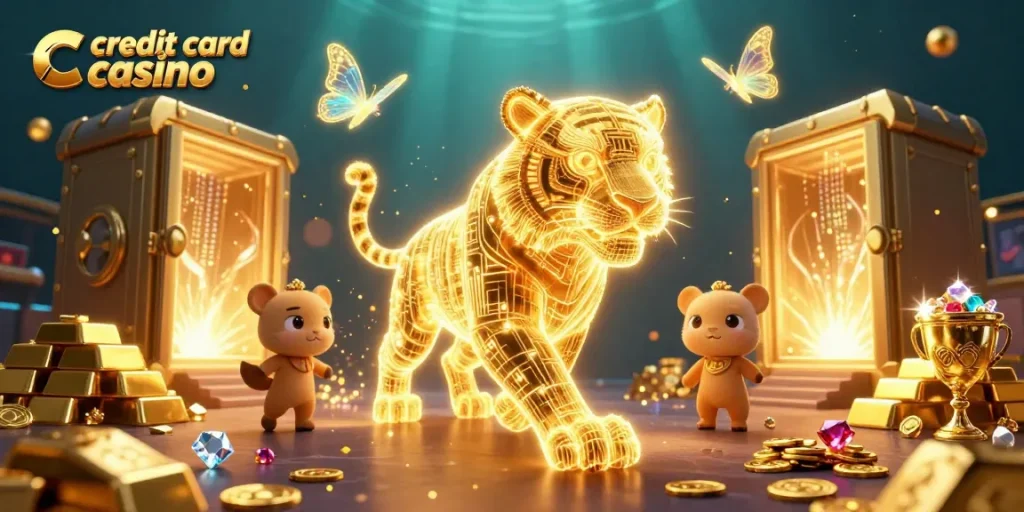 Experience the thrill at a vibrant credit card casino featuring dynamic characters and sparkling treasures.