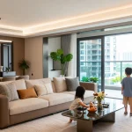 Tanjong Rhu Residences Showflat showcasing a modern living space with family exploring and luxury architectural details.