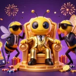 Engage with winbox in a rich 3D casino scene featuring a bumblebee mob boss amidst gaming elements.