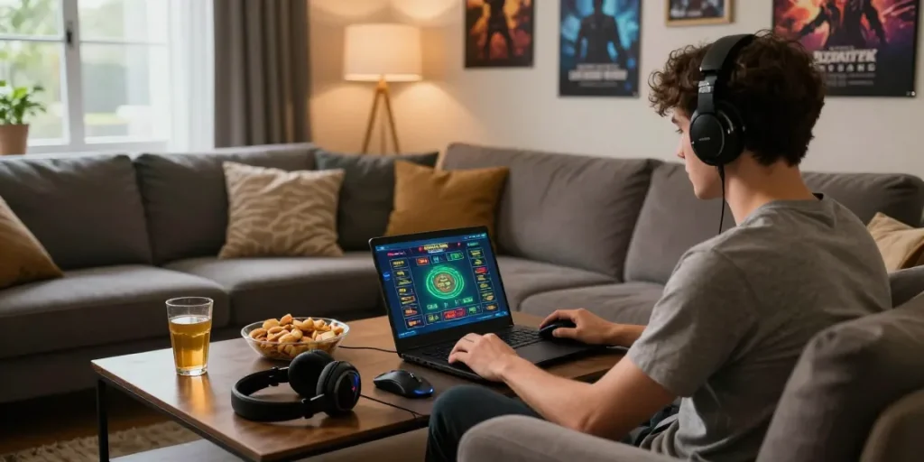 Immersive gaming experience with 토토사이트 displayed on laptop in a cozy setting