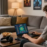 Immersive gaming experience with 토토사이트 displayed on laptop in a cozy setting