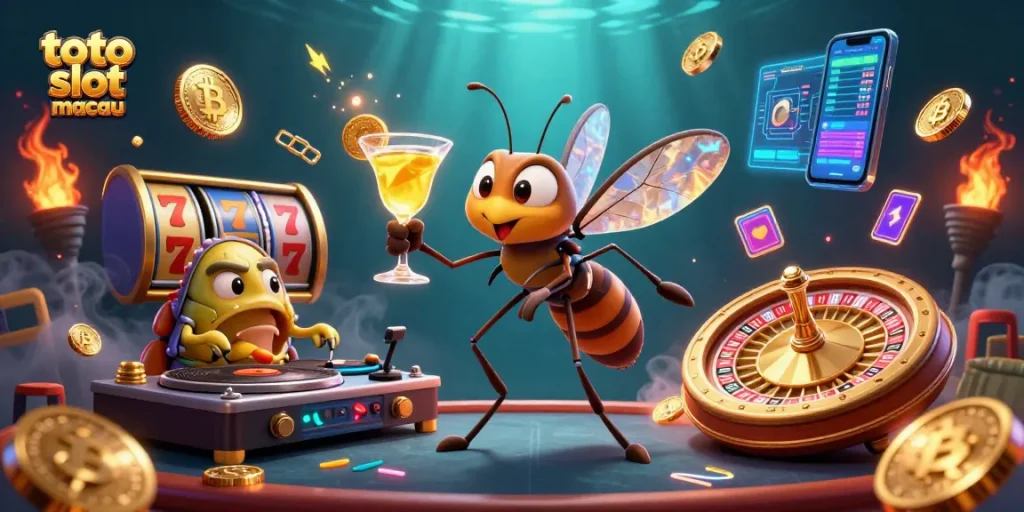 Spin to win at toto slot macau with our exciting 3D casino illustration showcasing a lively gaming environment.