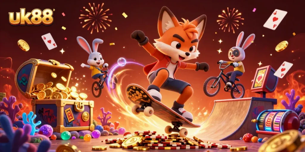 Join the action at uk88 with a vibrant 3D illustration showcasing cartoon characters and casino elements.