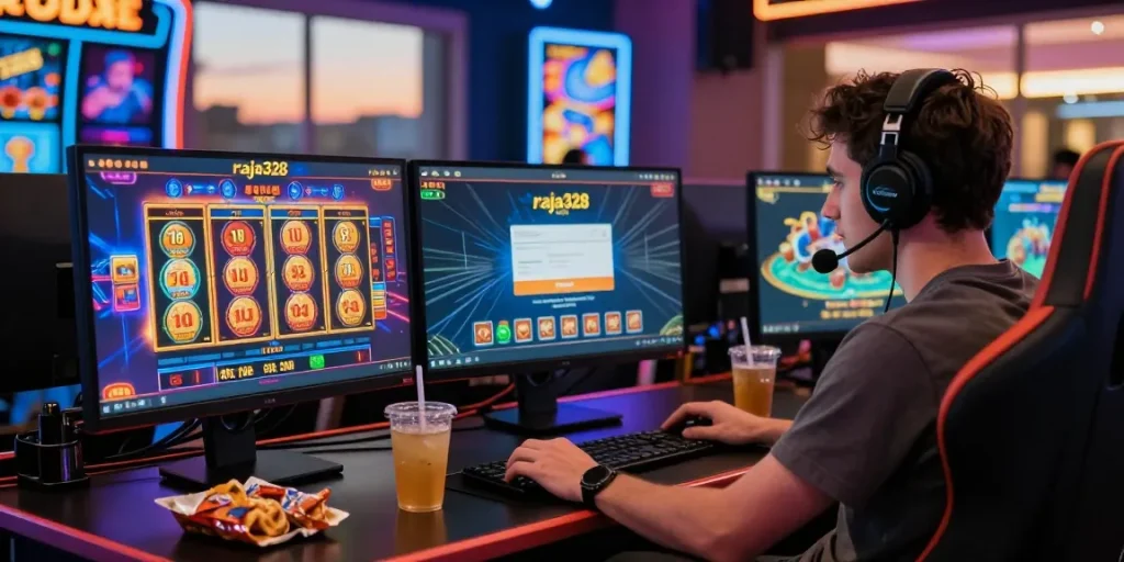 User engaging with raja328 login on dual monitors in a vibrant online casino setup.