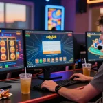 User engaging with raja328 login on dual monitors in a vibrant online casino setup.
