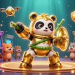 Engage in thrilling gameplay at 11win with a dynamic mech-suit panda battling in a lively casino arena.