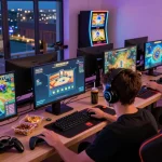 NAGA2000 gamers enjoying an exciting online gaming session with multiple screens and vibrant LED lights.