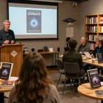 Engaged audience at T Allen Greenfield's book launch discussing spirituality and UFOs at https://tallengreenfield.com.