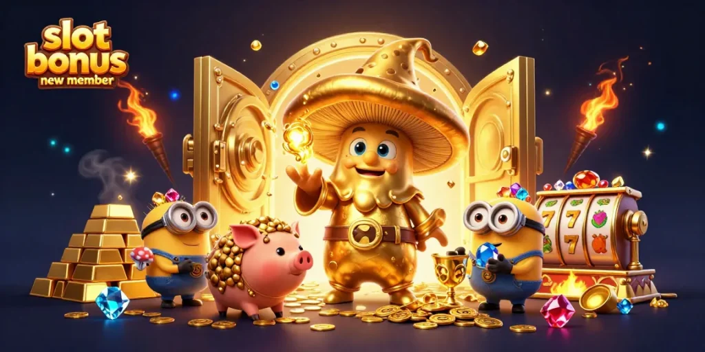 Spin to win with engaging slot bonus new member illustration showcasing treasures and magical elements.