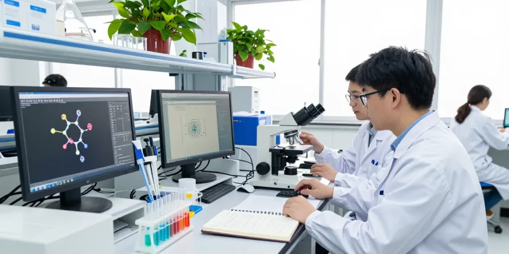 NAGA2000 biotechnology lab collaboration with scientists and advanced research equipment.